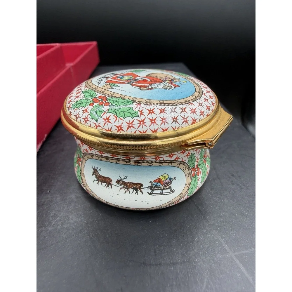 🎄 Halcyon Days Enamels 1984 Christmas Trinket Box – Santa – Vintage – EUC ✨